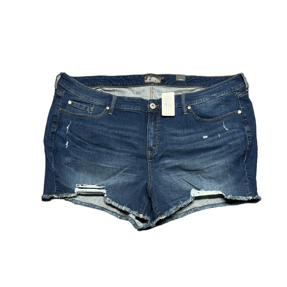 Torrid Vintage Stretch 3.5 Mid Rise Shorts Size 26 Destructed Peace Out Blue‎